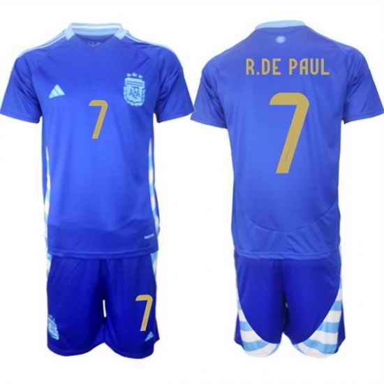 Men Argentina 7 Rodrigo Javier De Paul Blue 2024 25 Away SoccerJersey Suit